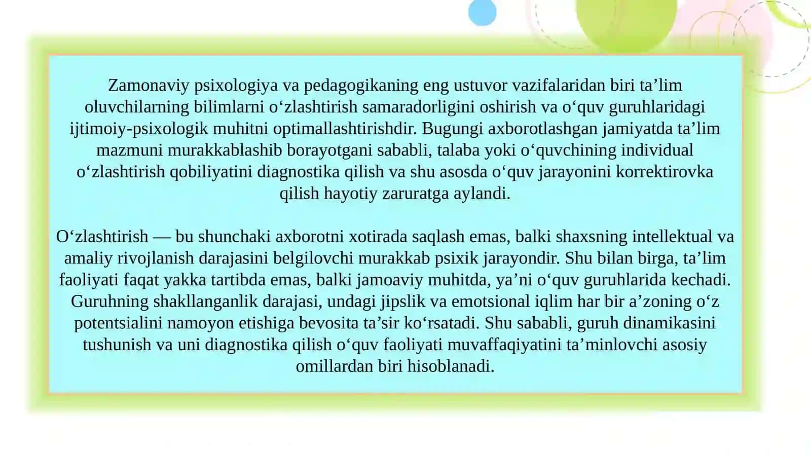 Oʻzlashtirish va oʻquv guruhlarini shakllanganlik darajasini diagnostika qilish slayd 3