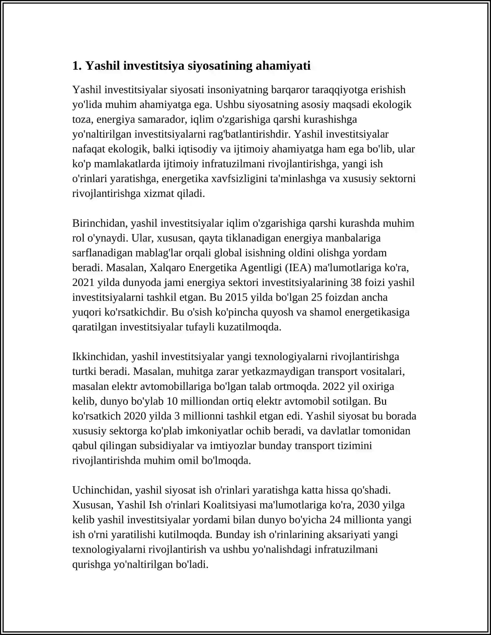 MUSTAQIL ISH Mavzu: O’ZBEKISTON RESPUBLIKASIDA YASHIL INVESTITSION SIYOSATI VA INVESTITSION FAOLIYAT 3