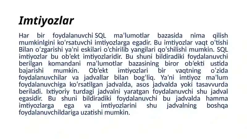Ma’lumotlarbazasini administratorlash va xavfsizligini ta’minlash (davomi) 3