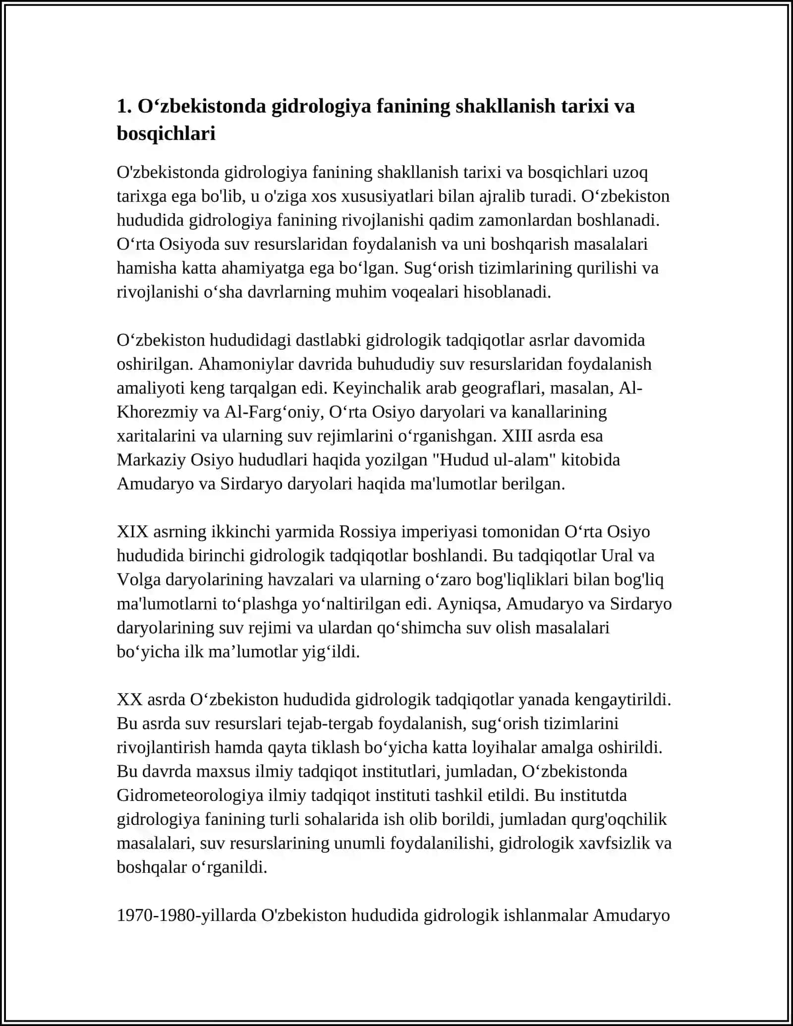 O‘ZBEKISTONDA GIDRALOGIYA FANININ SHAKILLANISHI RIVOJLANISHI VA HOZIRGI HOLATI BOʻYICHA BATAFSIL MA'LUMOT 3