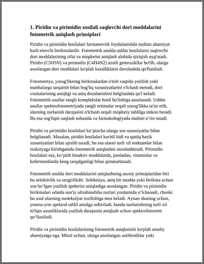 FOTOMETRIK USULDA PIRIDIN VA PIRIMIDIN XOSILALARINI SAQLOVCHI DORI MODDALARINI SIFAT VA MIQDORINI ANIQLASH 3