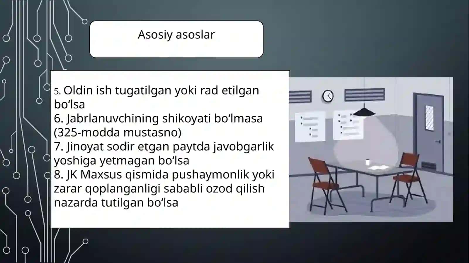 Jpk 84-modda. Ayblilikni hal qilmasdan ishni tugatish asoslari Ayblilik toʻgʻrisidagi masalani hal qilmay turib jinoyat ishini tugatish uchun asoslar (Oʻzbekiston Respublikasi Jinoyat-protsessual kodeksi) 3