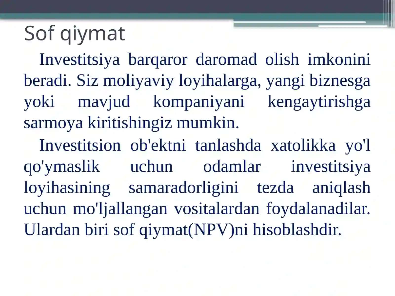 Sof joriy qiymat va boshqa investitsiya mezonlari 3