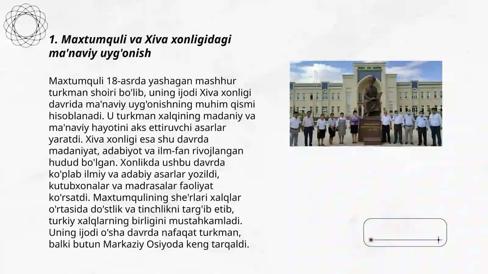 Xiva xonligida madaniy-ma’naviy uyg‘onish: Maxtumquli, Munis, Ogahiy, Feruz, Komil Xorazmiy 3