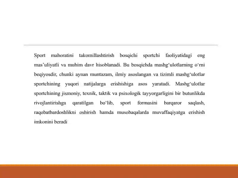 Sport mahoratini takomillashtirish bosqichida mashgʻulotlarni oʻrni 3