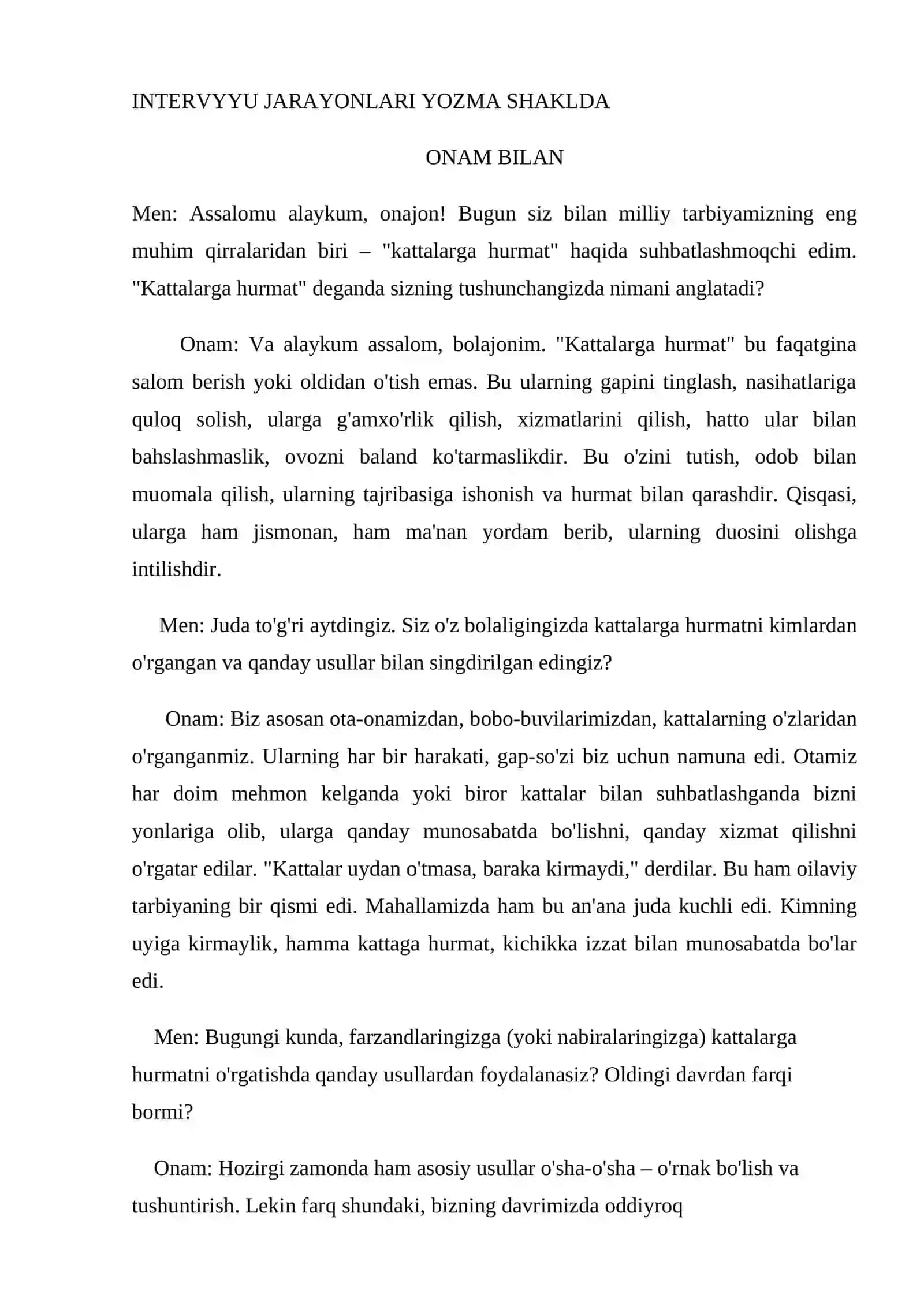 TOJIBOYEVA MALOHATNING “MAKTABGACHA TA’LIMDA ETNOPEDAGOGIKA” Fanidan tayyorlagan 2-TOPSHIRIQ ISHI YOZMA (INTERVYU) ISHI 3
