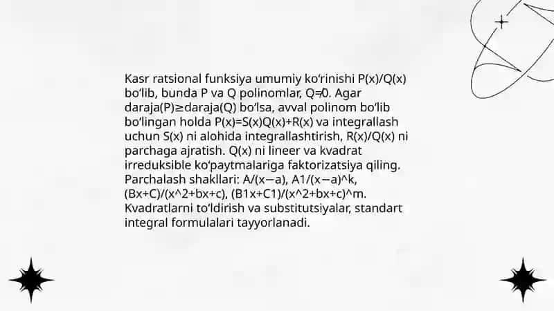 Kasr ratsional va ba'zi irratsional funksiyalarni integrallash 3