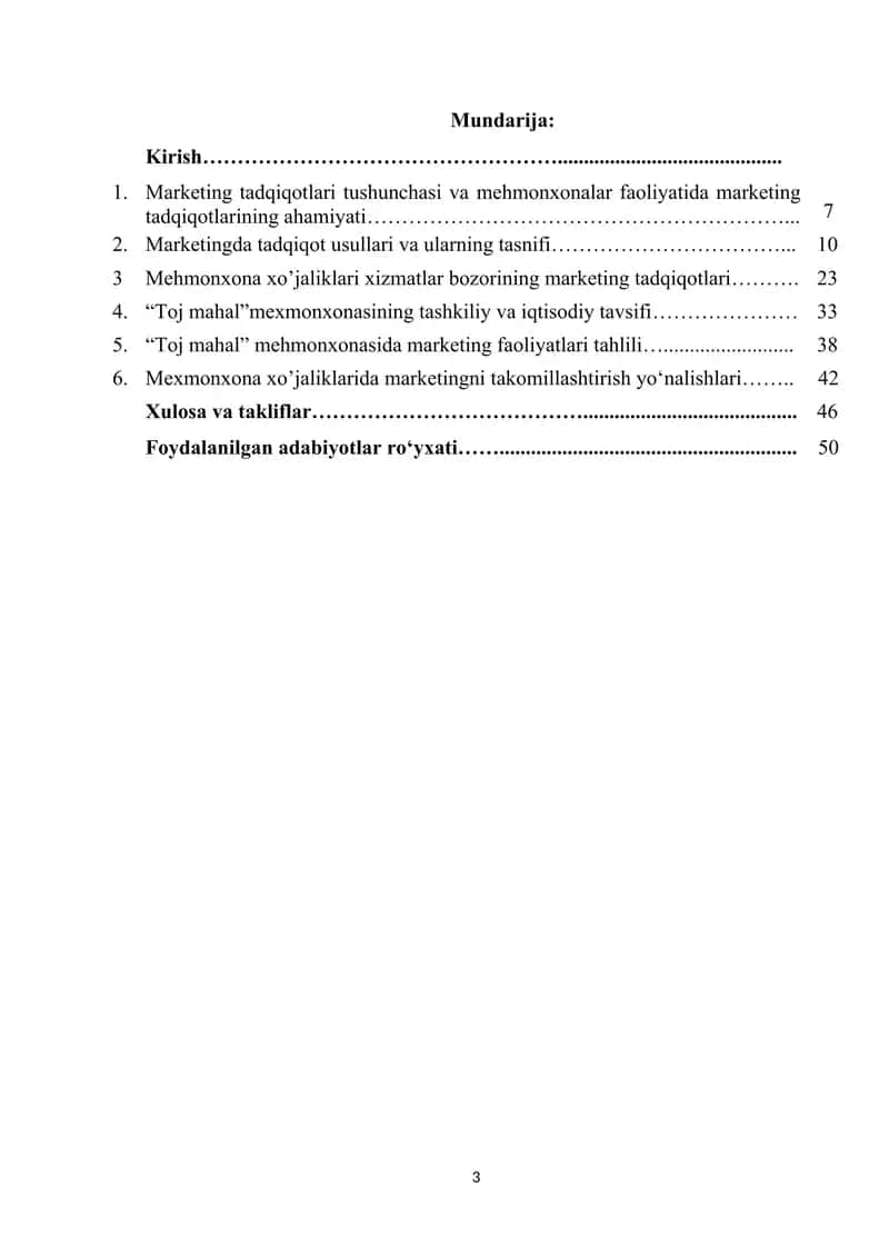 Kurs ishi "Mehmonxona xo‘jaligini rivojlantirshda marketing tadqiqotlaridan foydalanish" 3