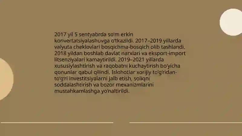 Prezident Shavkat Mirziyoyev rahbarligi va tashabbusi ostida amalga oshirilayotgan islohotlar 3