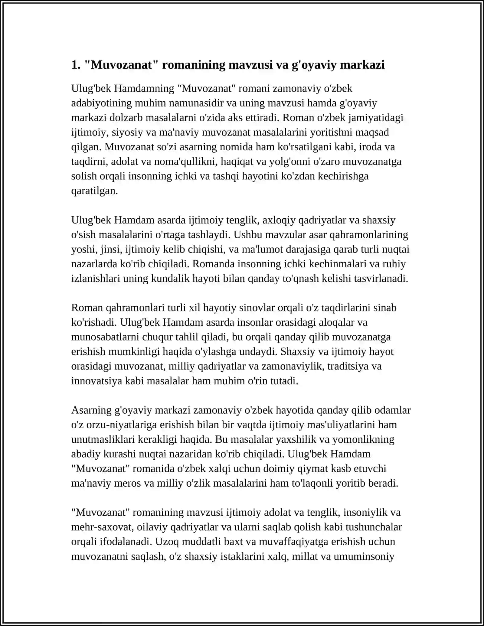"Ulughbek Hamdamning 'Muvozanat' Romani" Referat 3