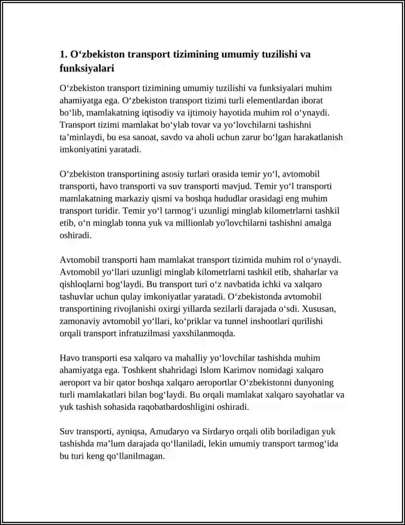 O‘ZBEKISTONNING TRANSPORT TIZIMI VA TRANSPORTNING TURLI TURLARINING TEXNIK-IQTISODIY XUSUSIYATLARI 3