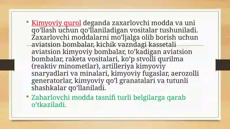 KIMYOVIY QUROL. KIMYOVIY ZАRАRLАNISH О’CHОG’I. KIMYOVIY VAZIYATNI BAHOLASH 3