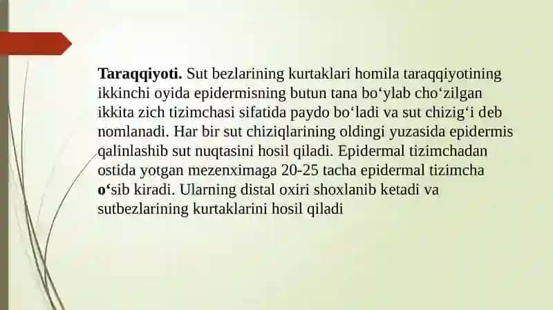 Sut bezlari gistogenezi   va gistofiziologiyasi.Laktatsiya jarayonining neyrogumoral Mexanizmlari 3