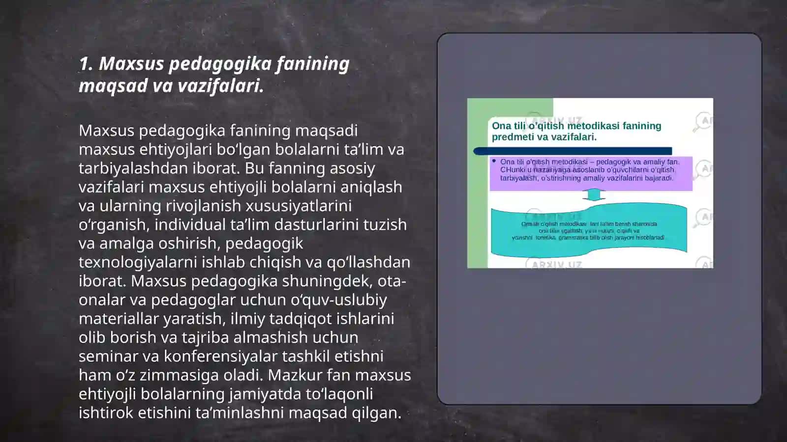 Maxsus pedagogika fanining predmeti obyekti boshqa fanlar bilan aloqasi fanining umumiy asoslari. Maxsus pedagogika fanining umumiy masalalari. Aqliy rivojlanishida nuqsoni boʻlgan bolalar 3