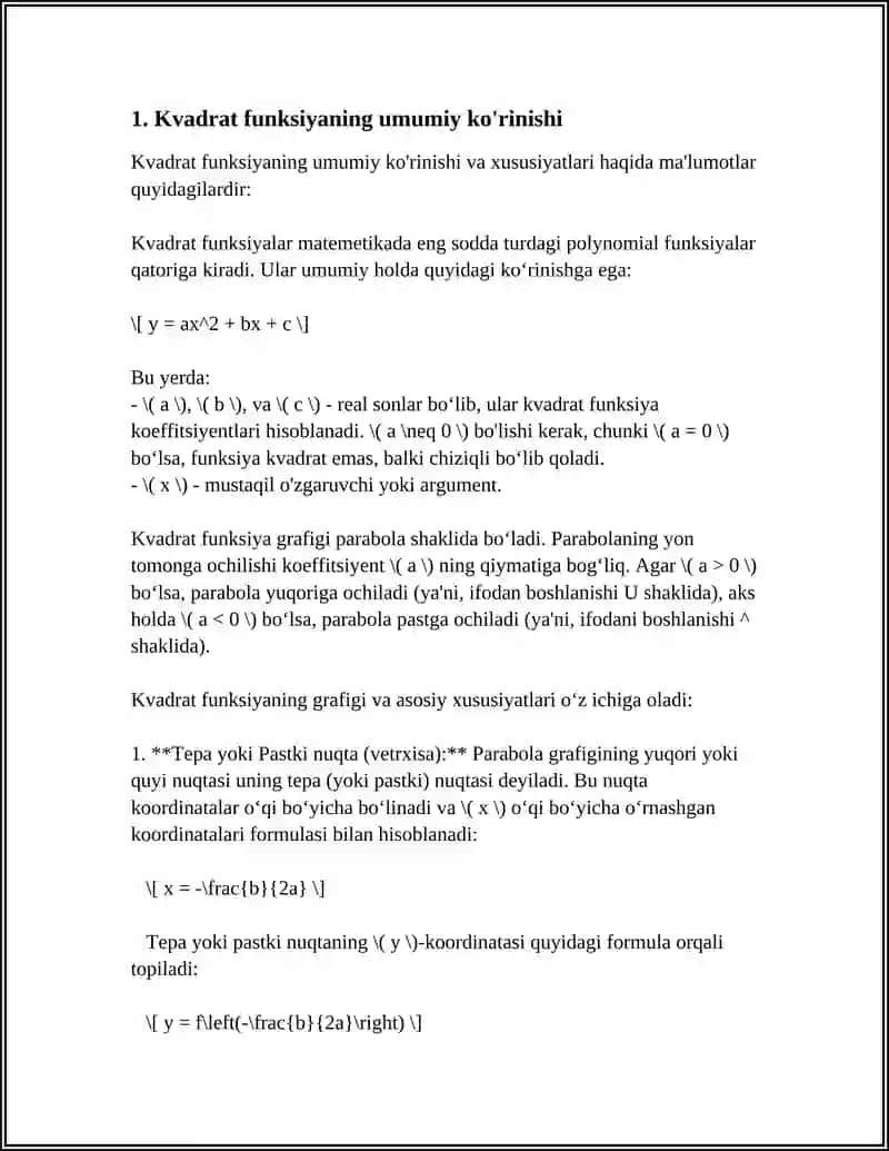 MUSTAQIL ISH Mavzu: KVADRAT FUNKSIYA 3