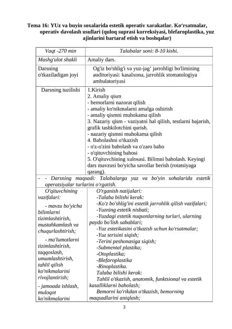 YUZ VA BUYIN SOXALARIDA ESTETIK OPERATIV XARAKATLAR. KO‘RSATMALAR, OPERATIV DAVOLASH USULLARI (QULOQ SUPRASI KORREKSIYASI, BLEFAROPLASTIKA, YUZ AJINLARINI BARTARAF ETISH VA BOSHQALAR) 3