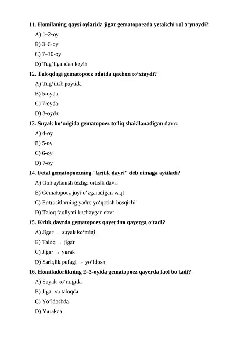Xomilada gematopoezning xususiyatlari joylar, bosqichlar, gematopoez turlari, kritik davrlar o‘zgarishi 3