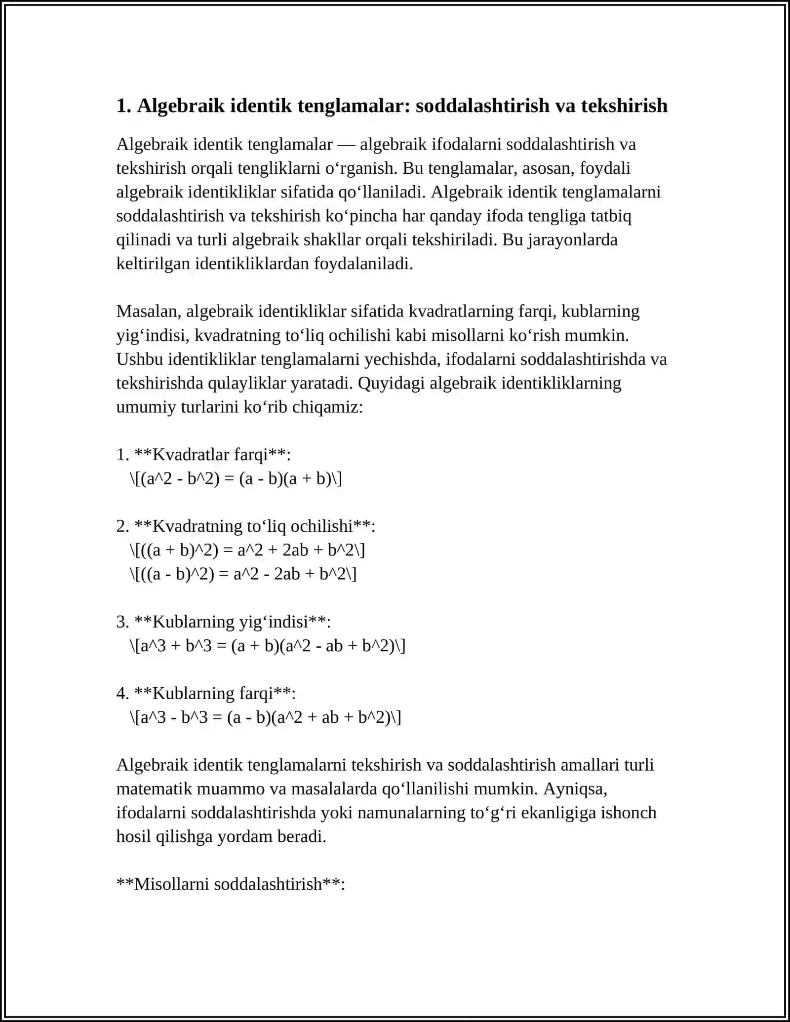TENG KUCHLI FORMULALAR VA TEOREMALAR MAVZUSI BOʻYICHA 5TA TOPSHIRIQ 3