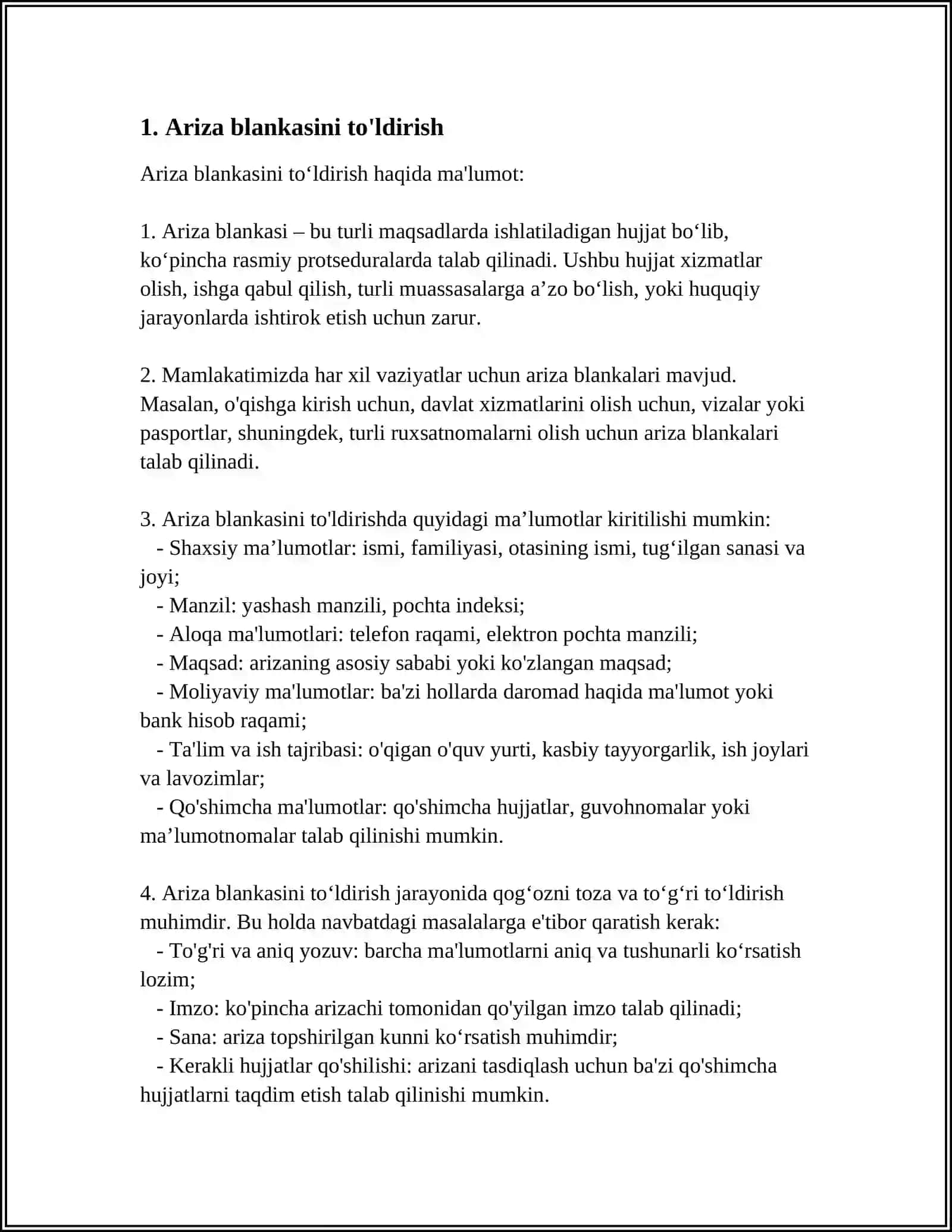 WORD MATN TAHRIRLAGICHIDA TURLI XIL BLANKALAR YARATISH (ARIZA, KASALLIK KARTASI, ANALIZLAR BLANKASI) 3