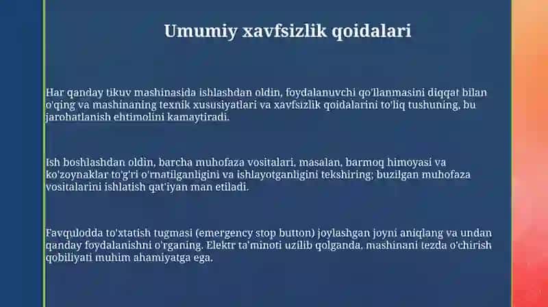 Tikuvchilik mashinalarini ishlatish va ta'mirlashda texnik xavfsizligi 3