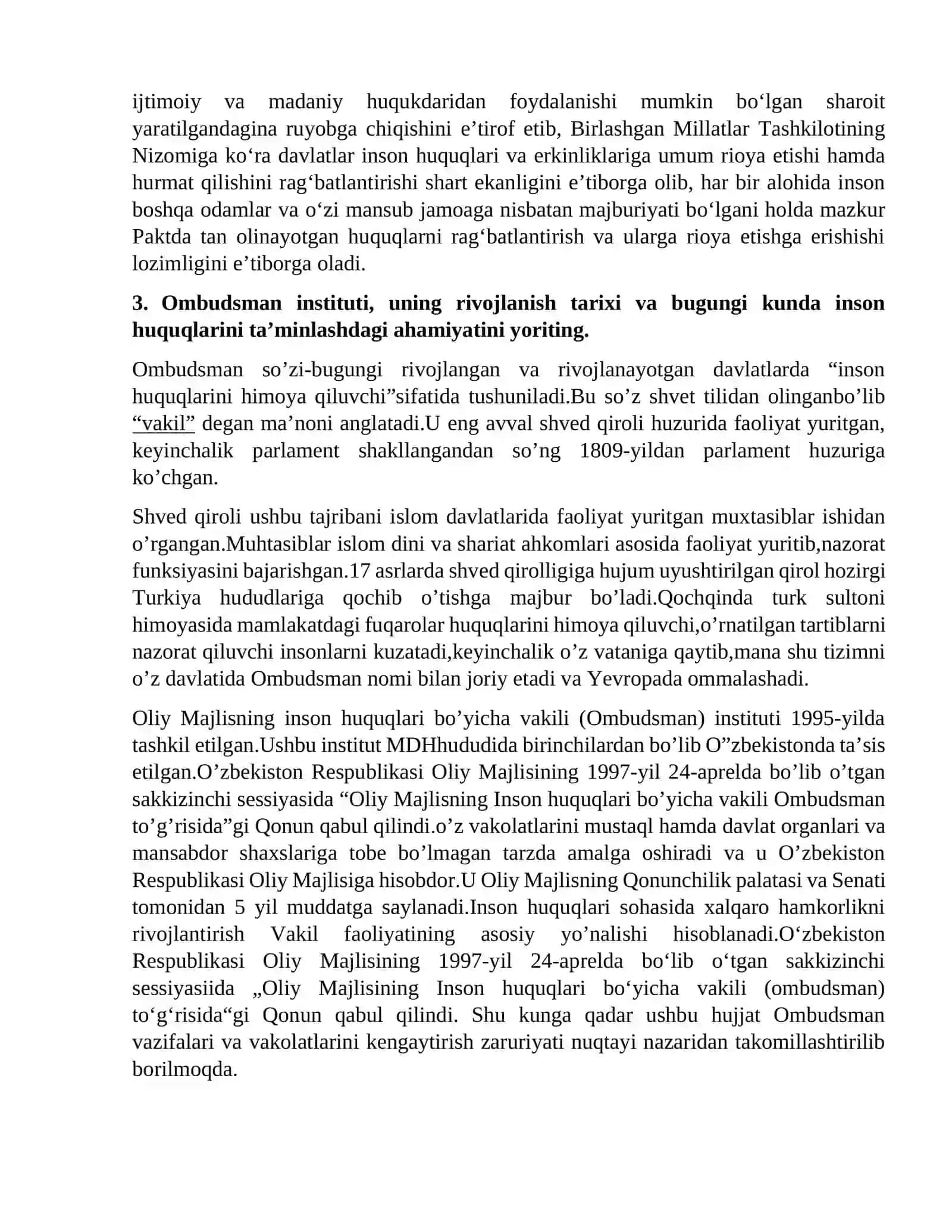"Inson huquqlari fanidan yozma topshiriq javoblari" 3