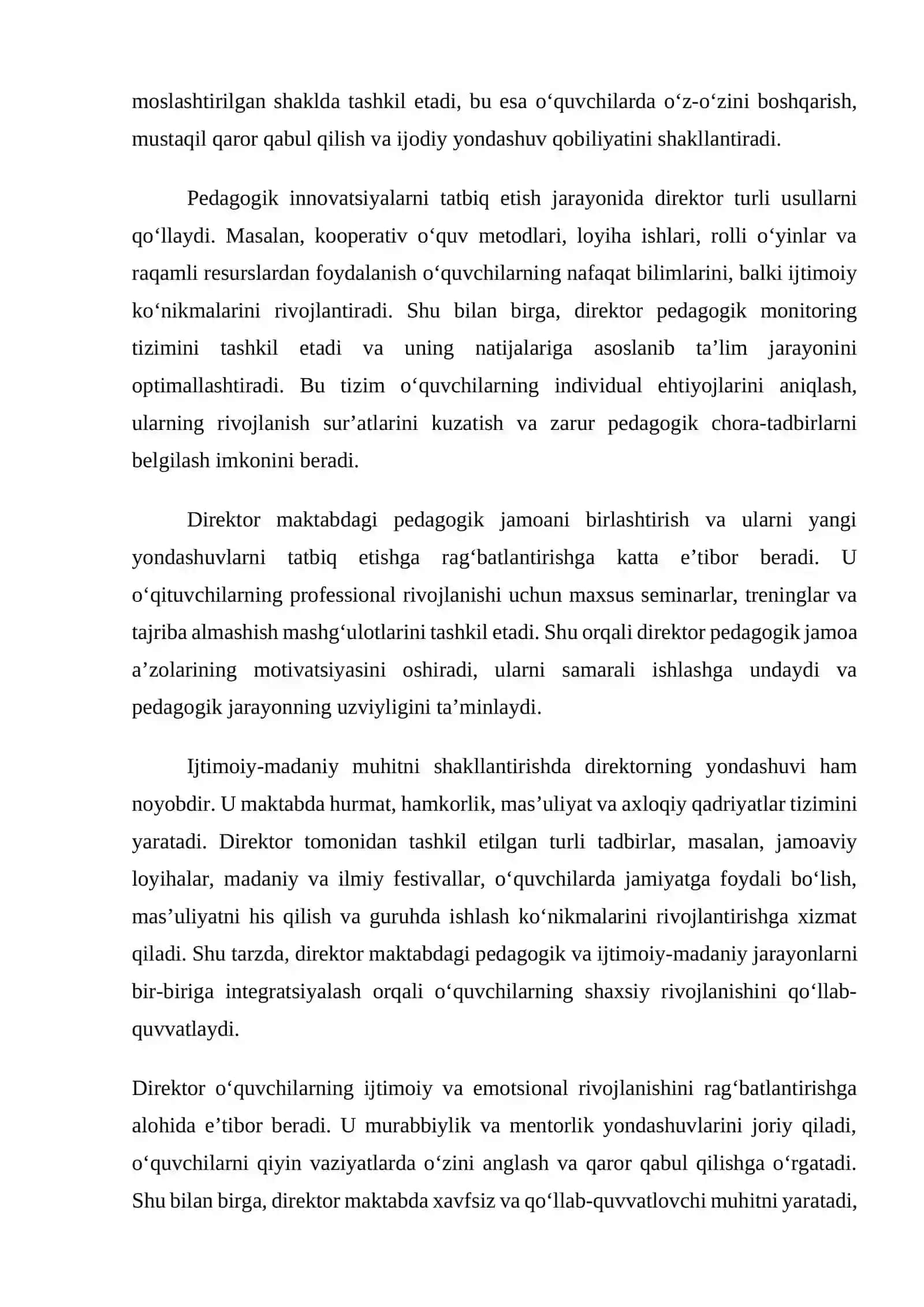 Mavzu: O‘rta ta’lim maktabida direktorning pedagogik innovatsiyalar orqali ijtimoiy-madaniy muhitni shakllantirishdagi roli 3
