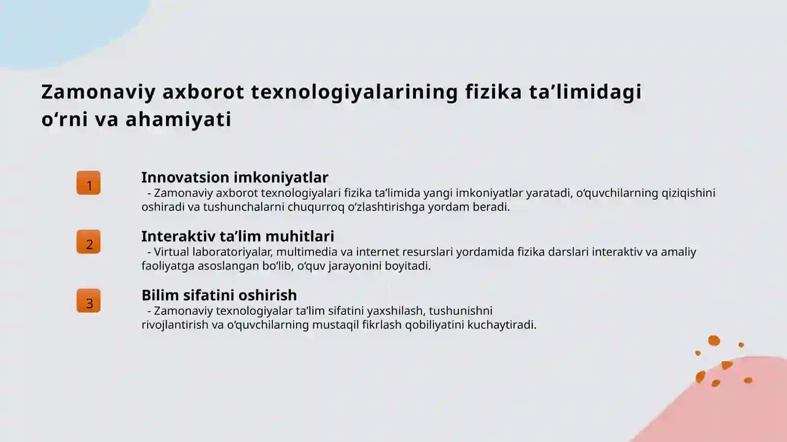 Fizika oʻqitishda zamonaviy axborot texnologiyalarini joriy qilish mavzusida tayyor slayd, taqdimoti. 3
