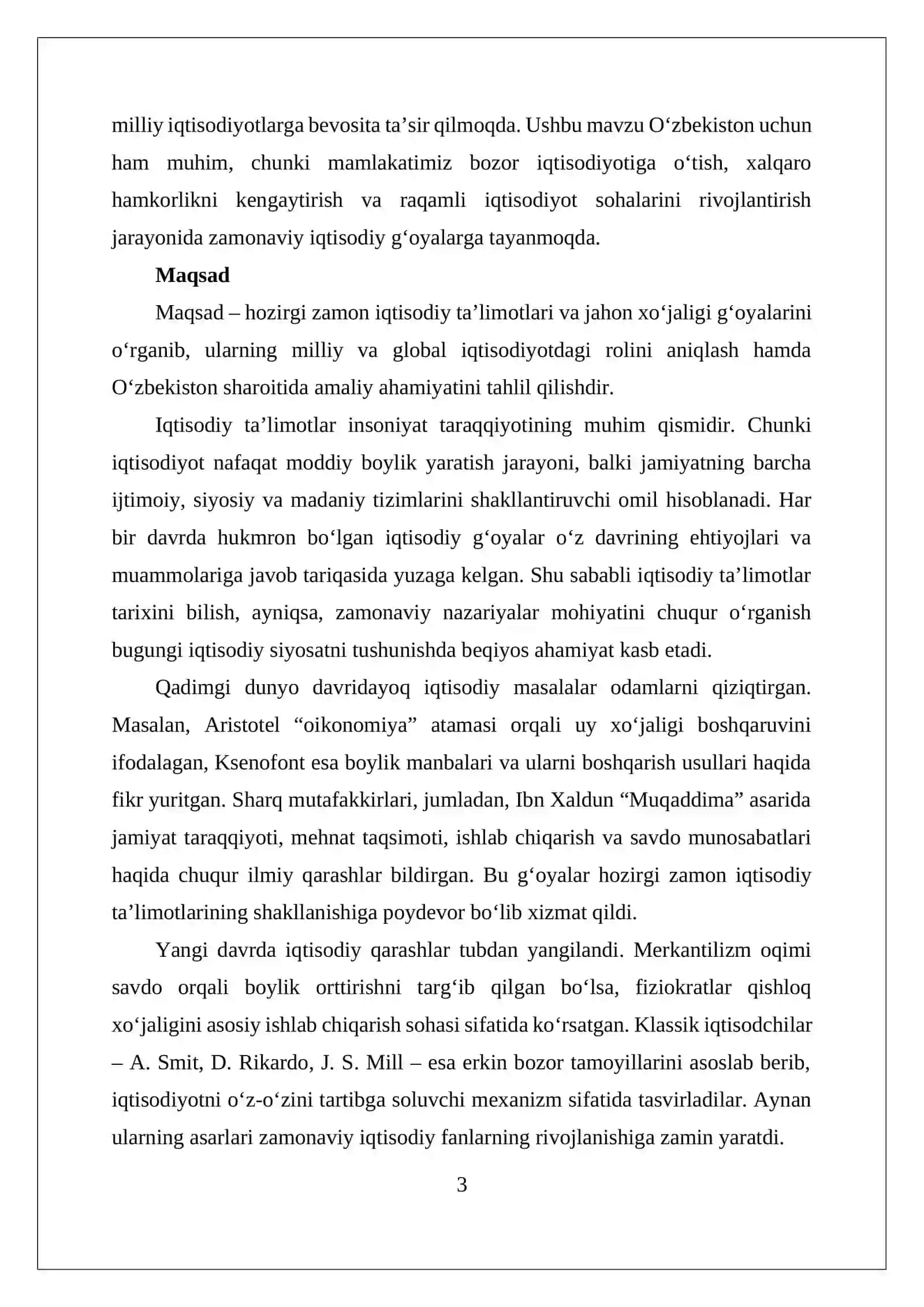 Hozirgi zamon iqtisodiy ta’limotlari evolyutsiyasi va jahon xo‘jaligi to‘g‘risidagi iqtisodiy g‘oyalar 3