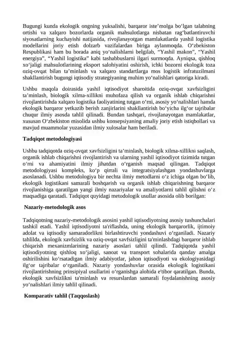 YASHIL IQTISODIYOT SHAROITIDA OZIQ -OVQAT XAVFSIZLIGI, BIOLOGIK XILMA-XILLIK VA ORGANIK ISHLAB CHIQARISHNI TA’MINLASHDA XALQARO LOGISTIKA FAOLIYATINING ASOSIY YO’NALISHLARI VA ROLI 3