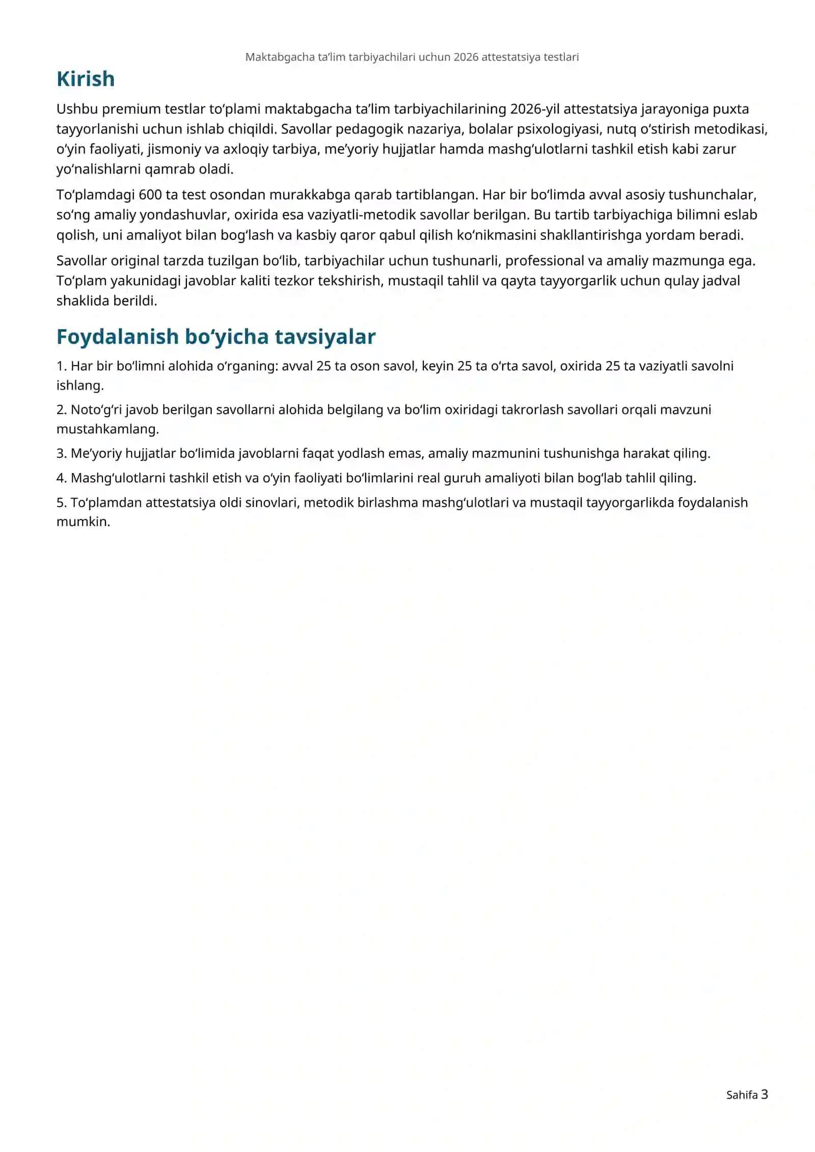 Maktabgacha ta’lim tarbiyachilari uchun 2026 attestatsiya testlari 3