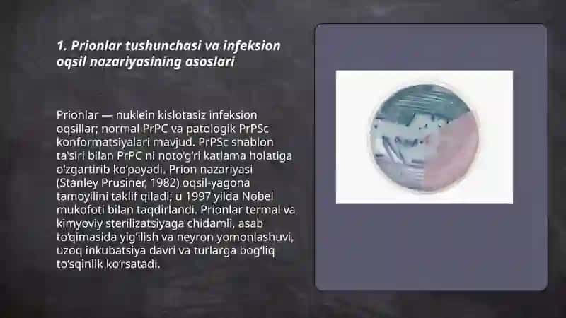 Prionlar haqida tushuncha, kelib chiqishi prion kasalliklari, amaliyotda ahamiyati. Oziq muhitlar, xromogen oziqli muhitlar, identifikasiyda qo‘llanilishi. 3