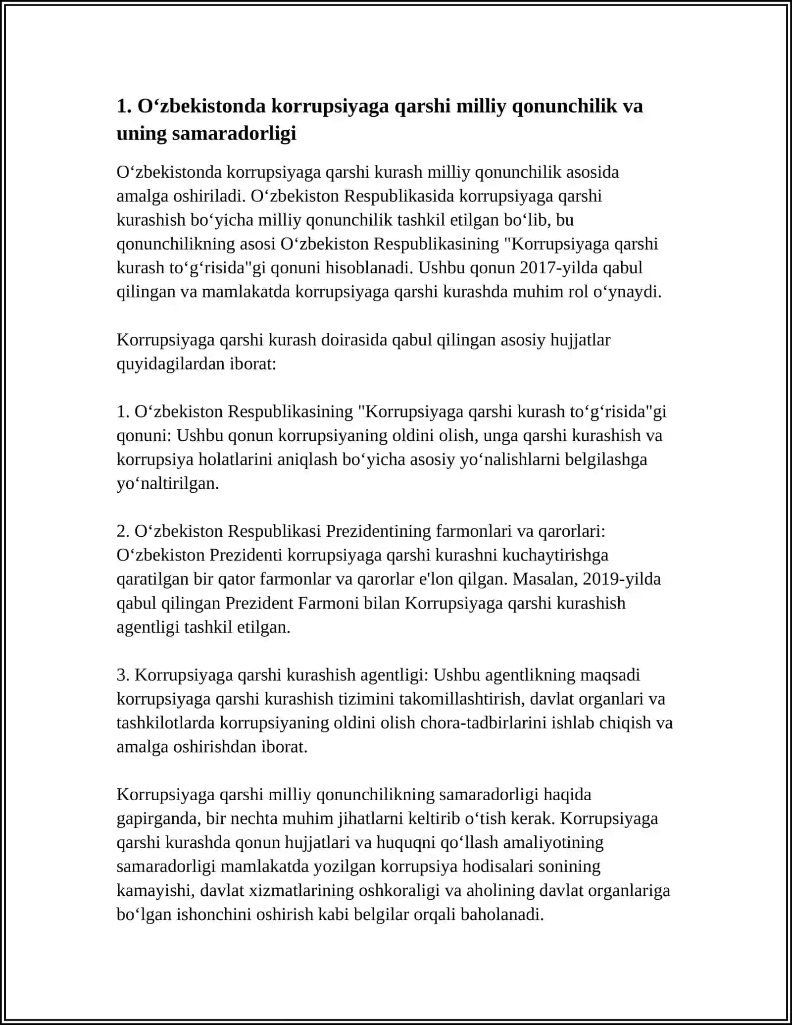 OʻZBEKISTONDA KORRUPSIYAGA QARSHI KURASH MEXANIZMLARI MAVZUSIDA ESSE TAYYORLASH 3