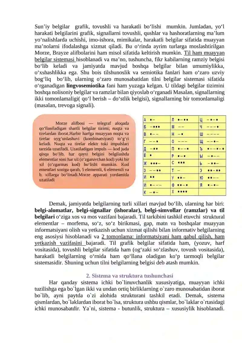 TIL BELGILAR SISTEMA SIFATIDA. SEMIOTIKA VA LINGVOSEMIOTIKA. TIL SATHLARI BIRLIKLARI 3