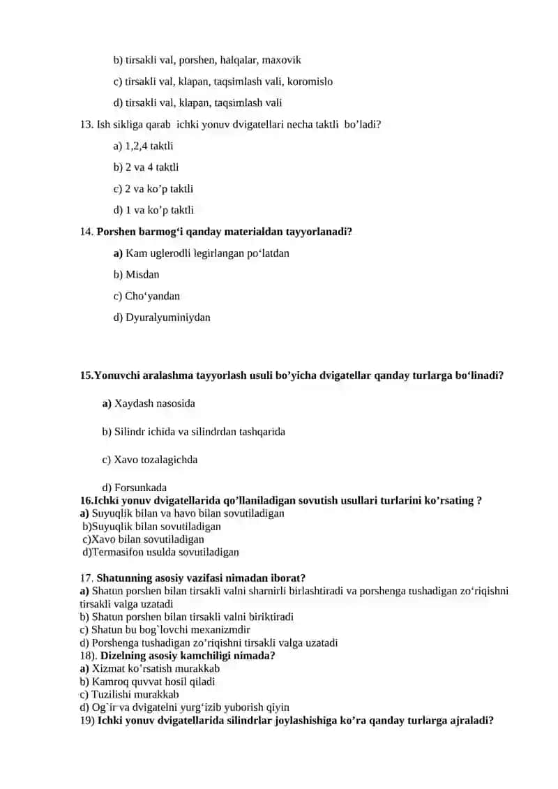 Traktorlar va transportlar vositalari fanidan oraliq test savollari 3