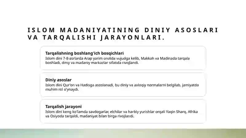 Islom madaniyatining tarkib topishi va rivojlanishi.Hadisshunos va olimlarning Islom madaniyatiga qóshgan hissasi 3