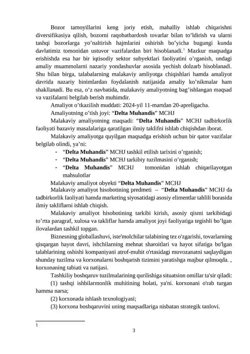 MALAKAVIY AMALIYOT HISOBOTI  ( “Delta Muhandis” MCHJ misolida) 3