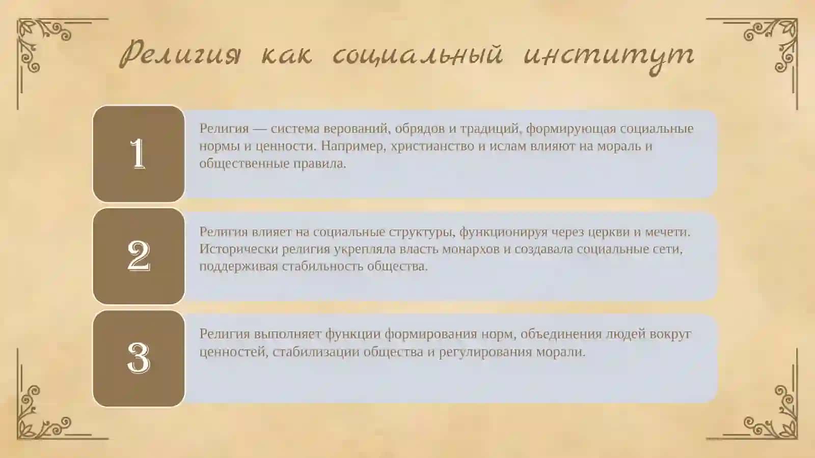 Функции религии в обществе мировоззренческая, регулятивная,  коммуникативная и компенсаторная 3