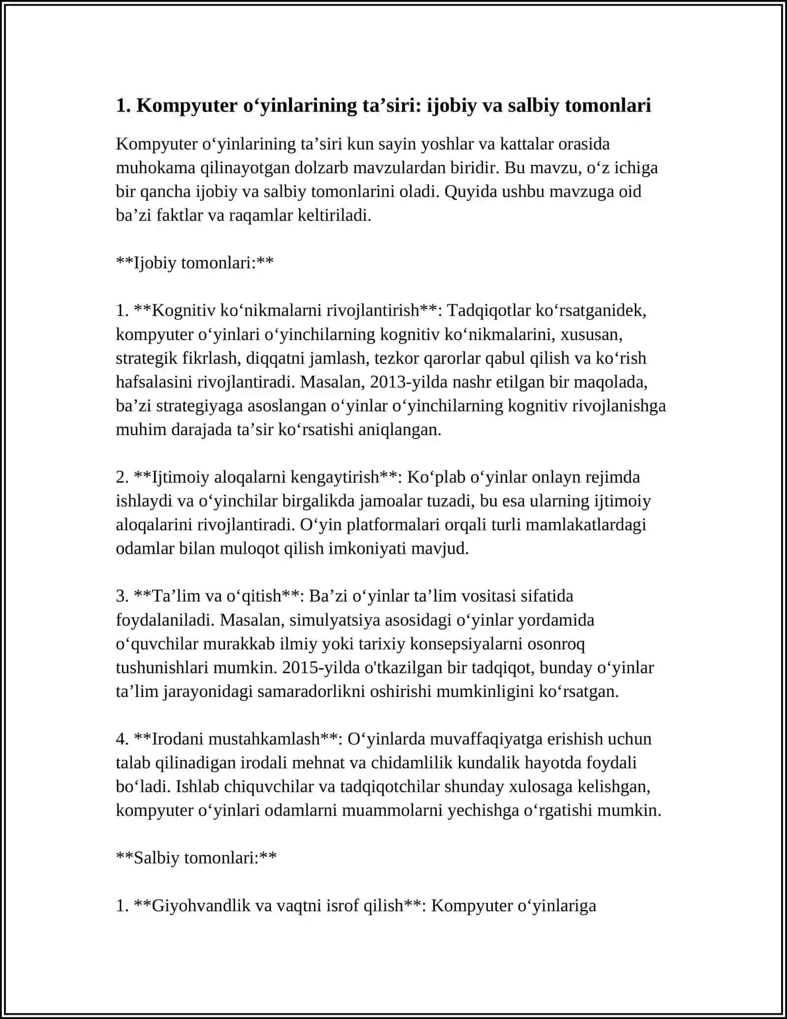 "KOMPYUTER OʻYINLARI -MANQURTLIK VOSITASI " MAVZUSIDAGI MUSTAQIL ISH 3
