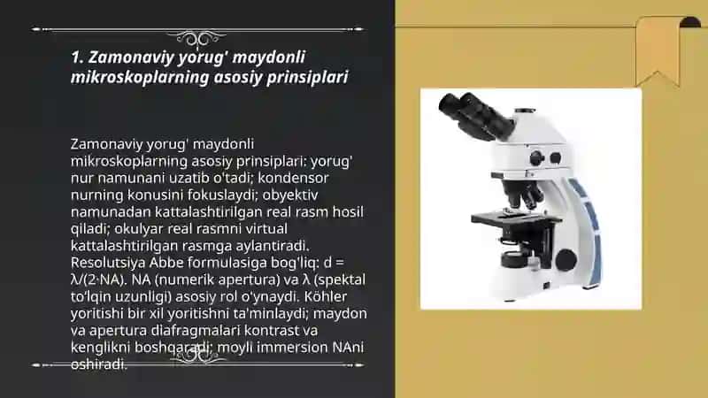 ZAMONAVIY MIKROSKOPLAR: YORUG' VA OORONG'I MAYDONLI. FAZAKONTRAST. LYUMINISSENT VA ELEKTRON MIKROSKOPLAR 3