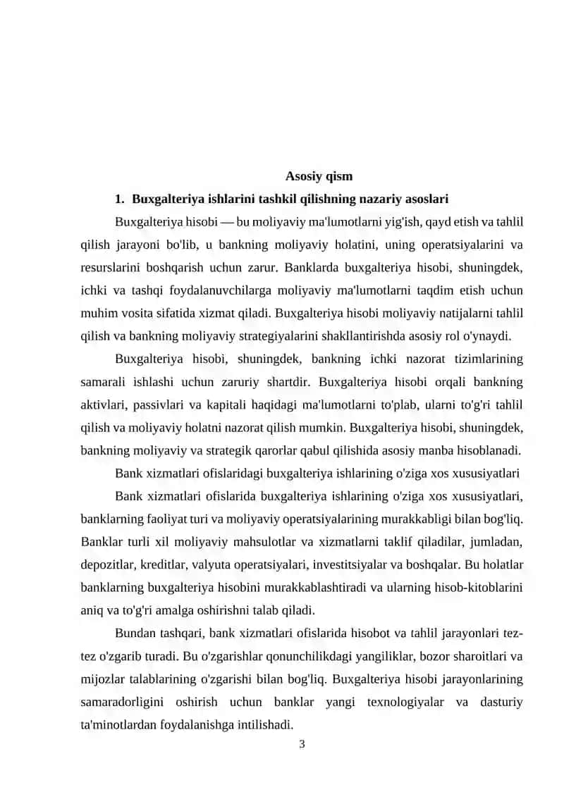 BANK XIZMATLARI OFISLARIDA BUXGALTERIYA ISHLARINI TASHKIL QILISH ASOSLARI. Kirish 3