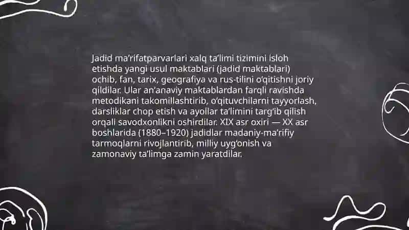 Jadid maʼrifatparvarlarining oʻlka ijtimoiy - maʼnaviy hayotida tutgan oʻrni 3