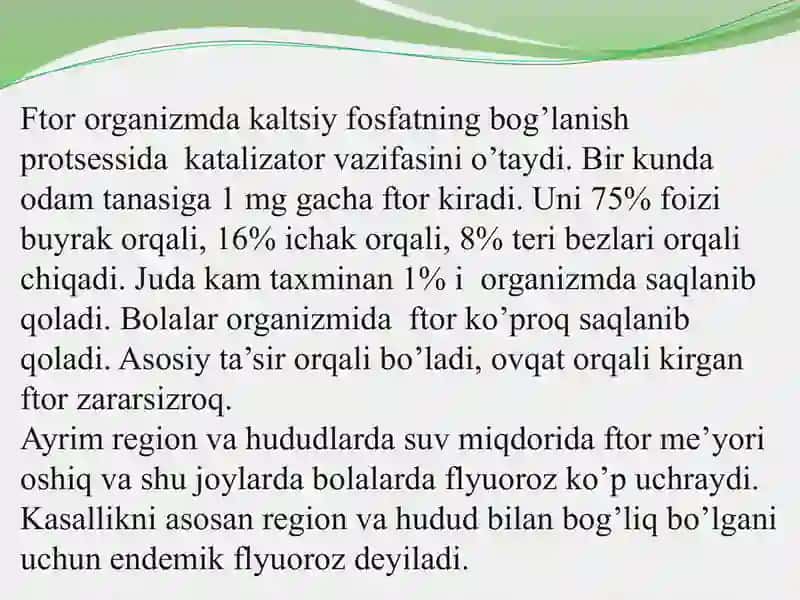 Tish chiqqunga qadar (tish  kurtagi rivojlanish gistogenezida) tish qattiq to’qimalarida paydo bo’ladigan nokariyes kasalliklar. Flyuoroz. Klinikasi, tashxislash va qiyosiy tashxislash.Kariyeslarni davolash. 3