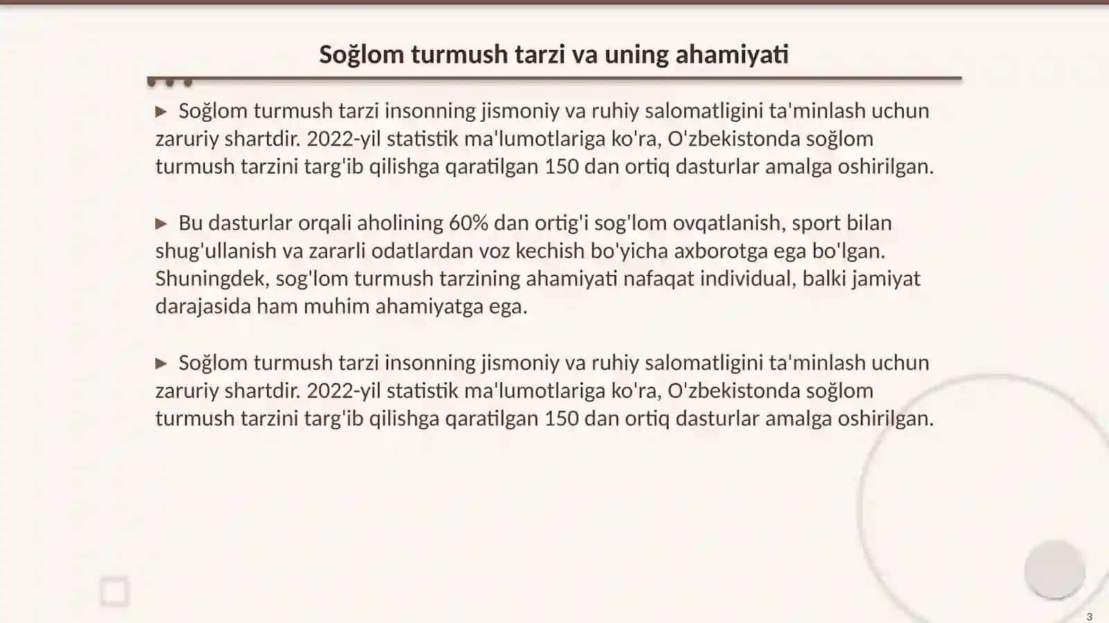 Soğlom turmush tarzini shakllantirish boʻyicha aholiga axborot yetkazish usullari olib borilgan ishlarni monitoring qilish va baholash 3