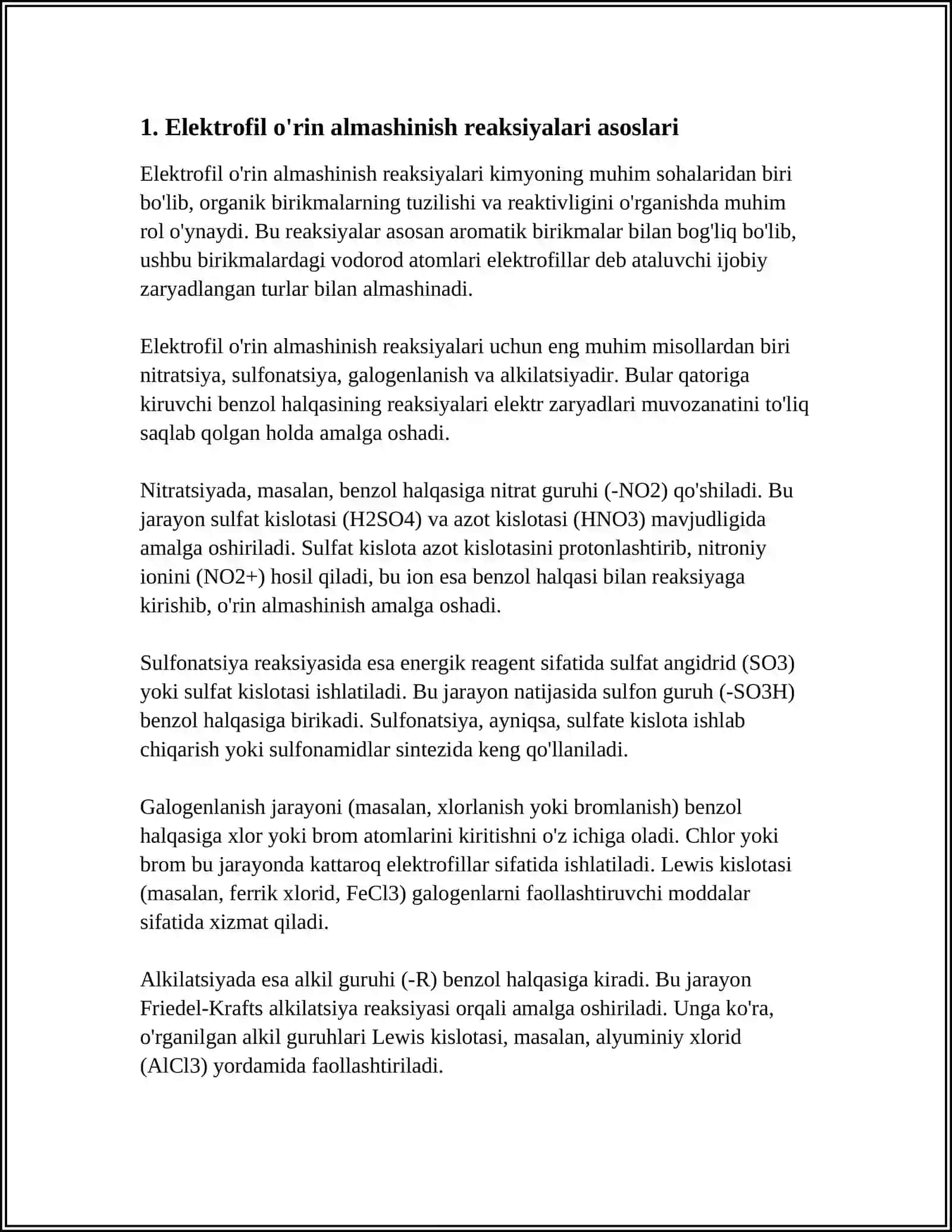 AROMATIK UGLEVODORODLARDA ELEKTROFIL O'RIN ALMASHINISH REAKSIYALARI 3
