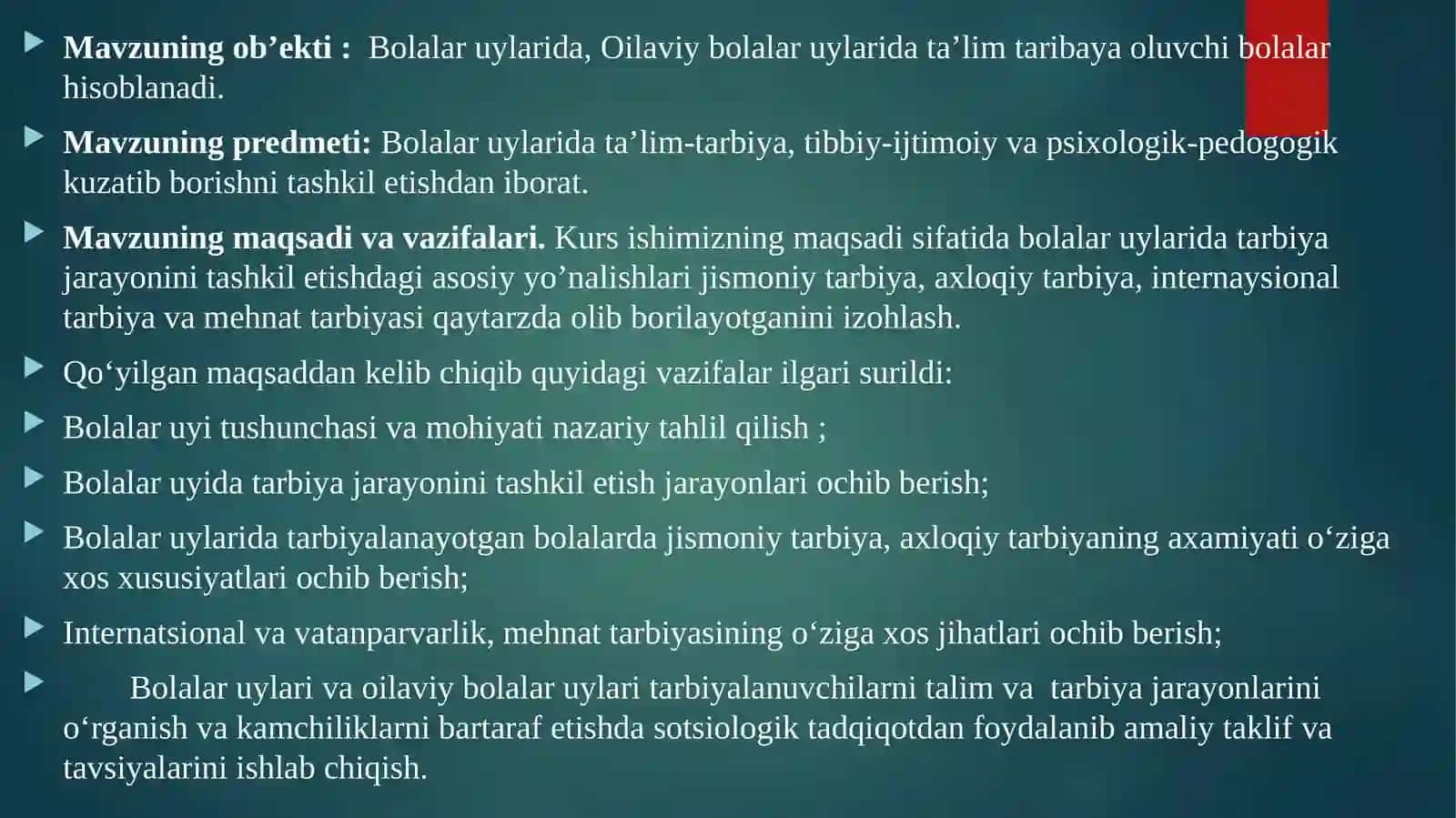 Bolalar uyida tarbiya jarayonini tashkil etishdagi asosiy yo‘nalishlar jismoniy tarbiya, axloqiy tarbiya, internatsional va vatanparvarlik tarbiyasi,  mehnat tarbiyasi 3