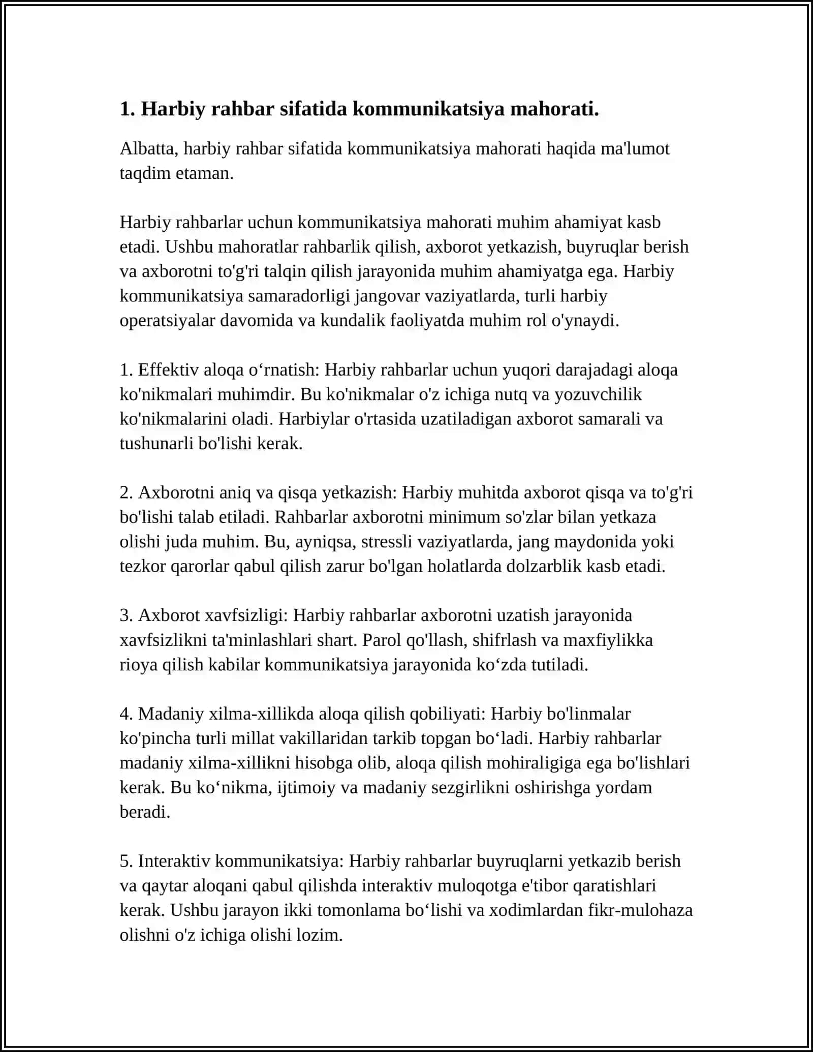 MUSTAQIL ISH Mavzu: HARBIY RAHBAR MAHORATI HAQIDA FIKRLAR XILMA XILLIGI 3