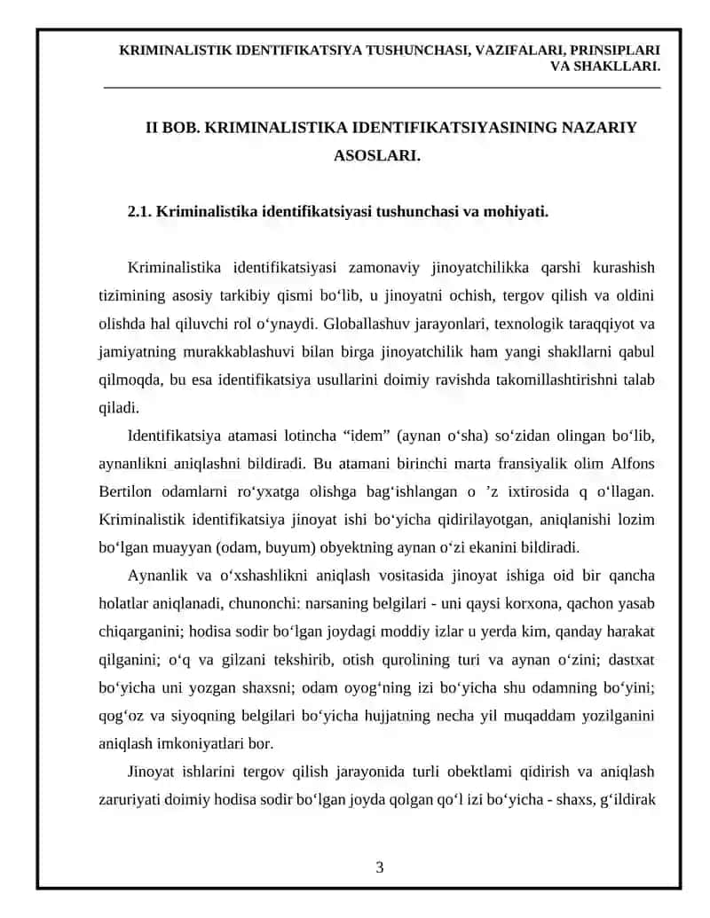 KRIMINALISTIK IDENTIFIKATSIYA TUSHUNCHASI, VAZIFALARI, PRINSIPLARI VA SHAKLLARI 3