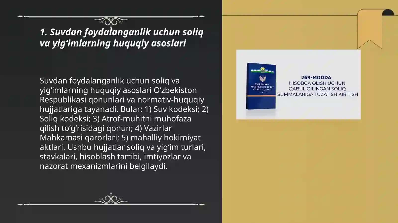 Suvdan foydalanganlik uchun soliq va imtiyozlar hamda ularni hisobini oʼrganish 3