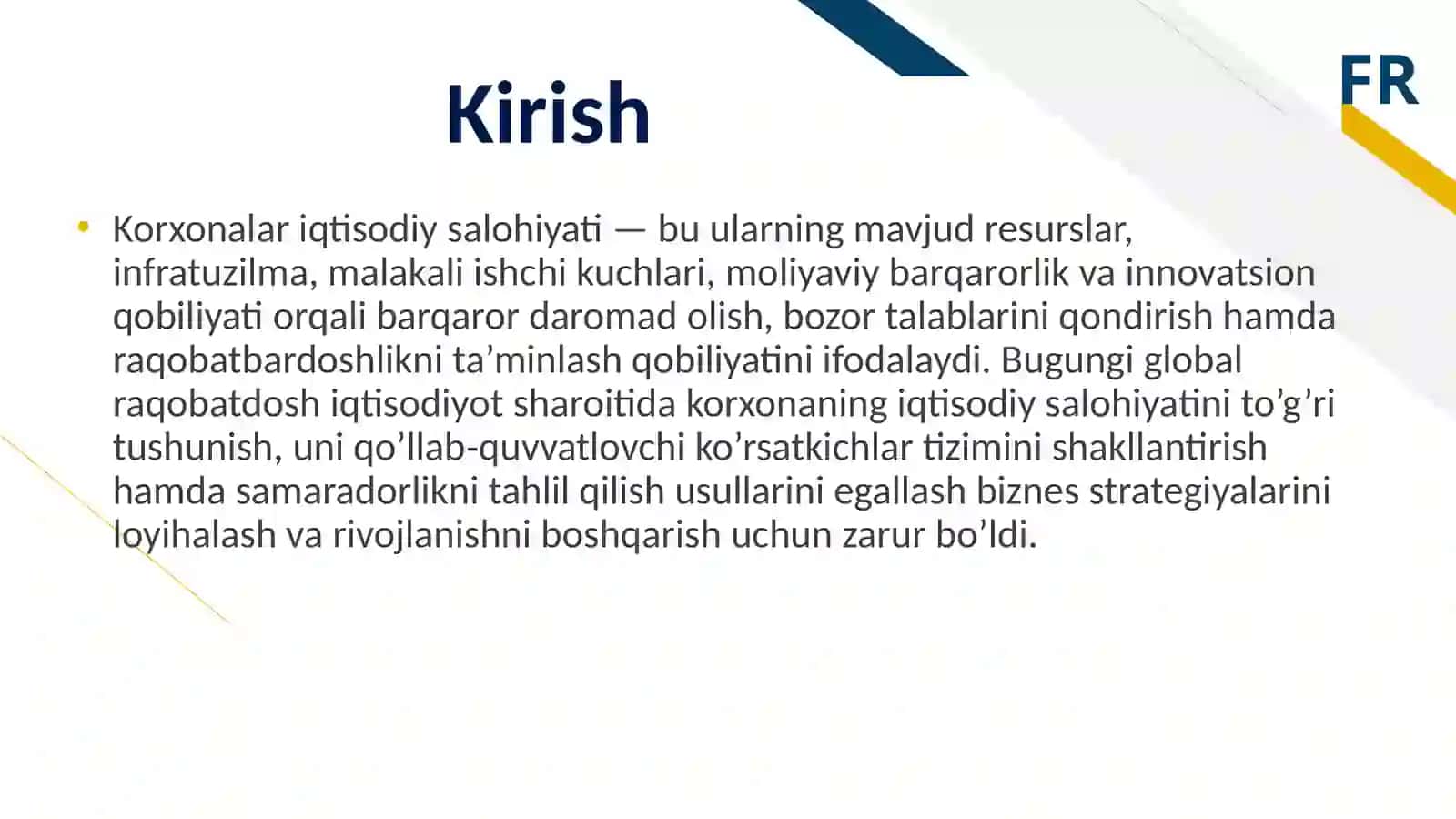 Korxonalar iqtisodiy salohiyati tarkibi, koʻrsatgichlar tizimi va samaradorligini tahlili. 3