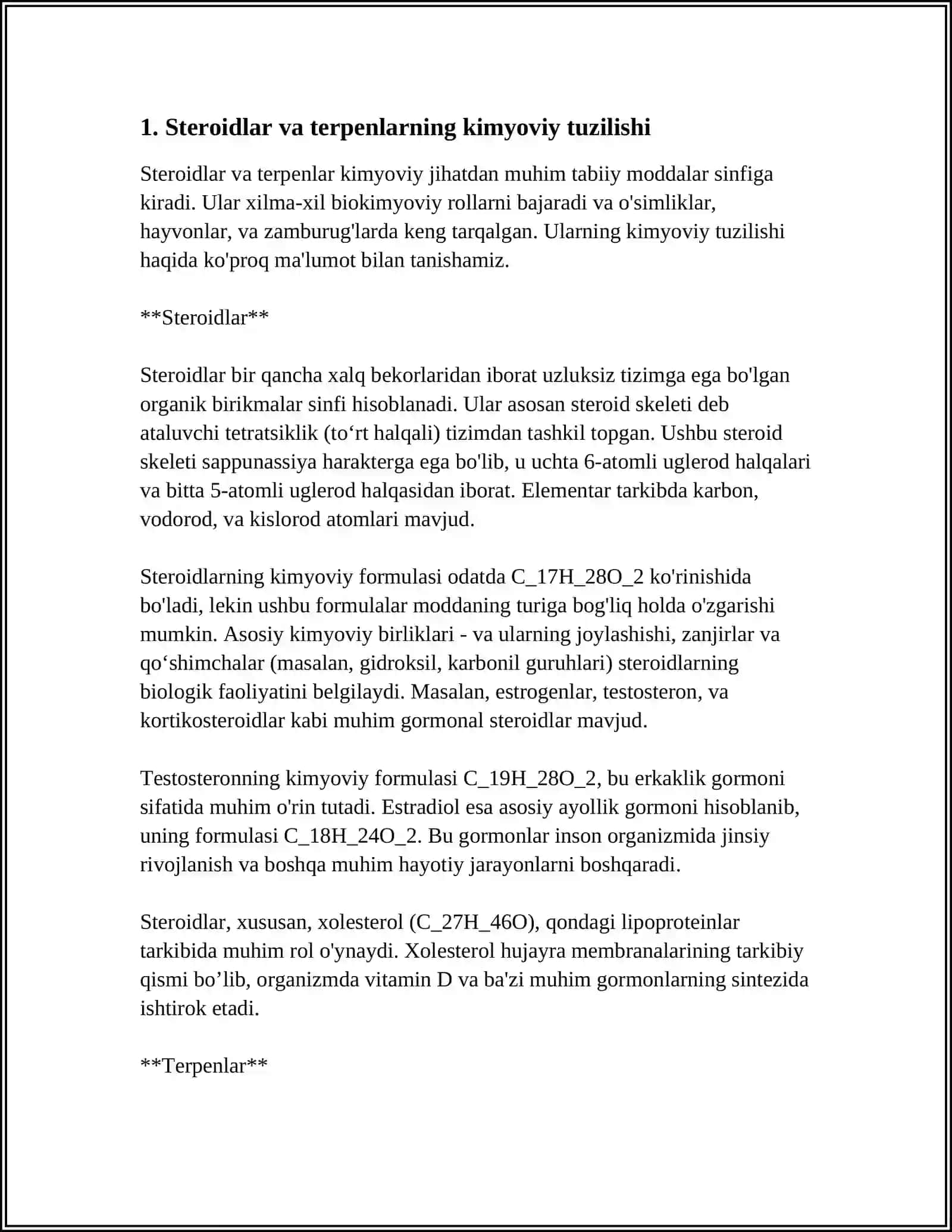 STEROIDLAR VA TERPENLARNING STEREOKIMYOSI HAMDA ULAR ISHTIROKIDAGI MUHIM BIOLOGIK JARAYONLAR 3